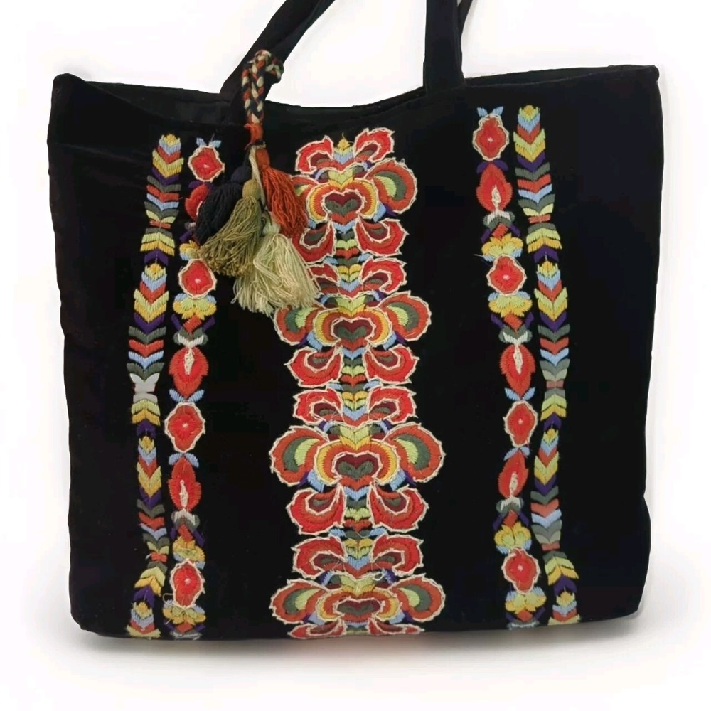 Embroidered Black Velvet Soft Ruggine Tote Purse Tassels Boho Chic Hobo
